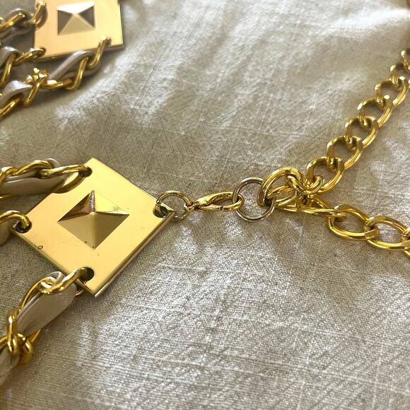 Vintage Gold Chain Belt Leather 3 Strand Convertible Necklace Pyramid Stud 80s main image 6